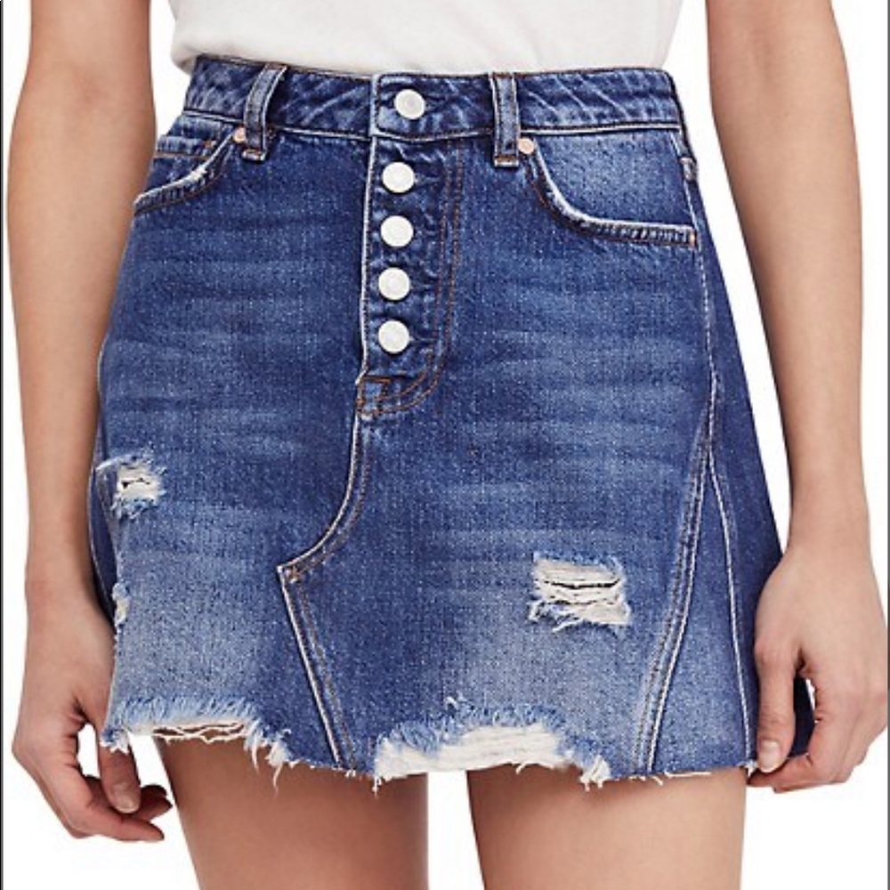 Free People Destroyed Button Denim Skirt Size 28